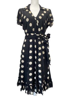 Sandra Darren Womens Dress 10 Black Polka Dots Faux Wrap Ruffle Hem Fit & Flare